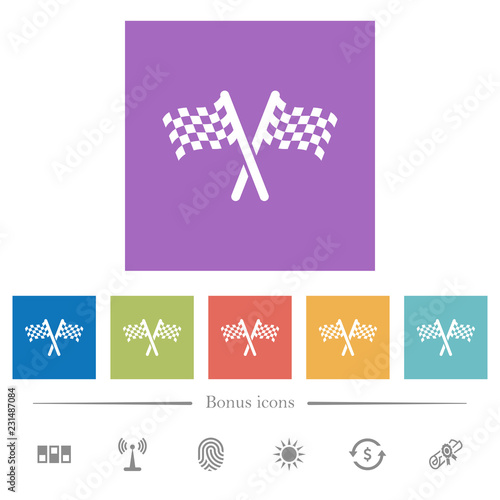 Two chequered flags flat white icons in square backgrounds