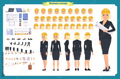 Woman architect in suit and protective helmet. Character creation set.businesswomen. Full length, different views, emotions and gestures.