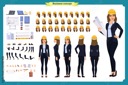 Woman architect in suit and protective helmet. Character creation set.businesswomen. Full length, different views, emotions and gestures.