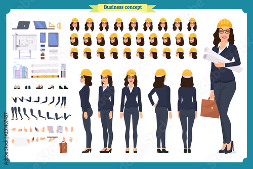 Woman architect in suit and protective helmet. Character creation set.businesswomen. Full length, different views, emotions and gestures.