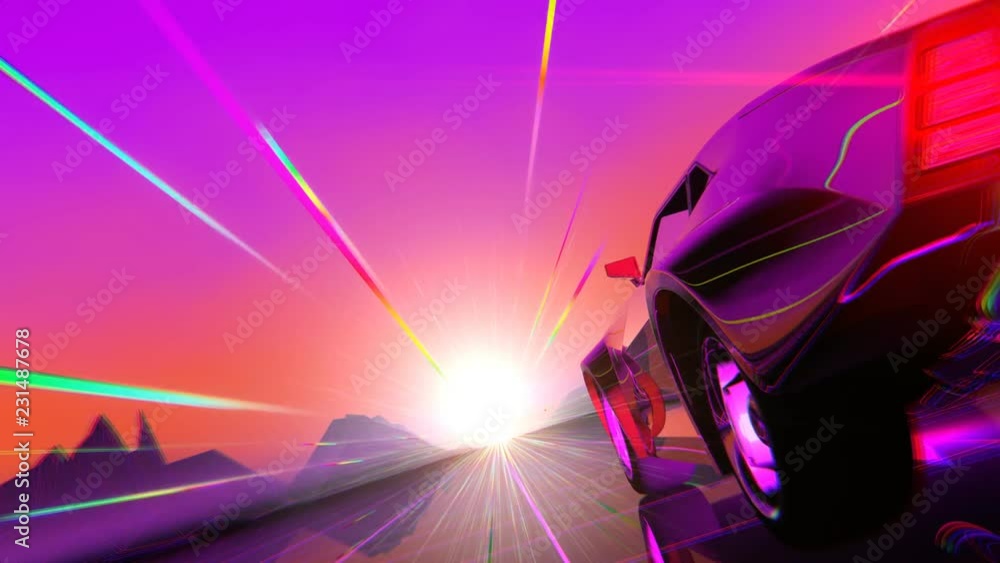 Retro-futuristic 80s style sci-Fi car background. Seamless loop 3D video animation