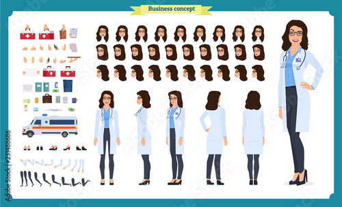 Female doctor character creation set.Front, side, back view animated character.Doctor character creation set with various views,Face emotions, poses, gestures.Cartoon style, flat vector illustrations