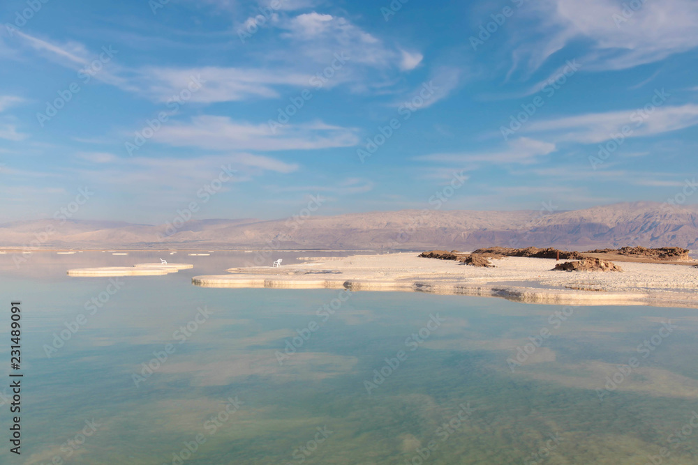 Dead sea beautiful salt shore. Israel. Ein Bokek