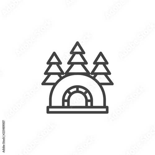 Igloo ice house in forest outline icon. linear style sign for mobile concept and web design. Winter shelter home and trees simple line vector icon. Symbol, logo illustration. Pixel perfect vector 