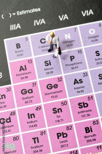 professore di chimica in miniatura fa lezione sulla tavola periodica degli elementi