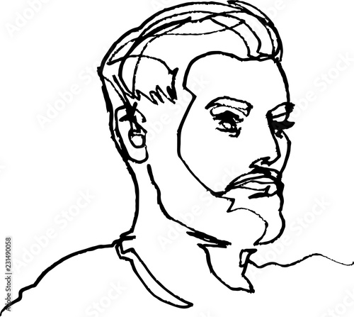 He, young man face, with modern beard and hairstyle, continuous line, drawing of head, black liner