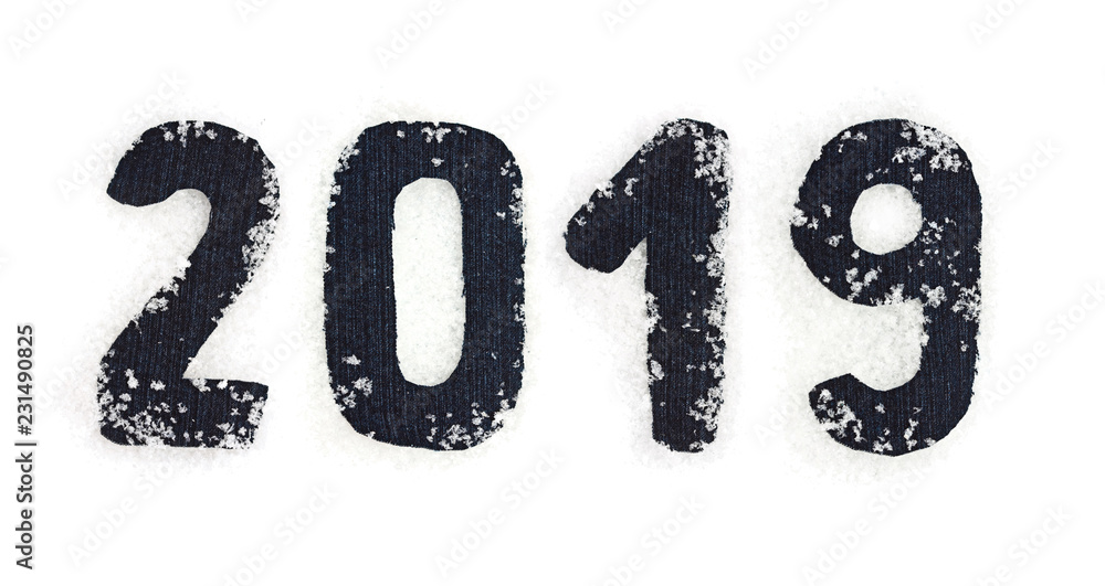 The Christmas, New Year from denim, is covered snow form of inscriptions, 2019 numbers, isolated on white. The Christmas, New Year from denim, is covered snow form of inscriptions, 2019 numbers, isolated on white.