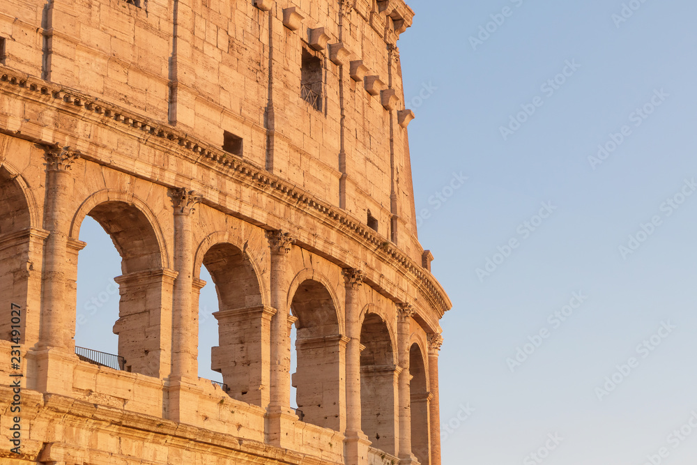Colosseum in sunset light. Rome Italy. Horizontally with place for your text.