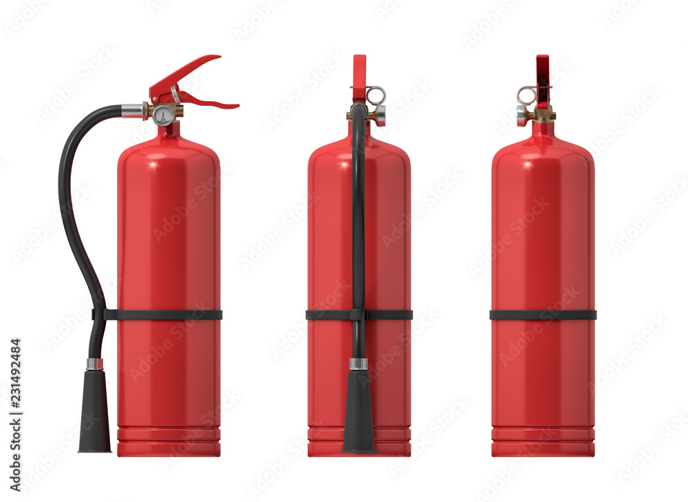 3d rendering of several red fire extinguishers on a white background. 3d rendering of several red fire extinguishers on a white background.