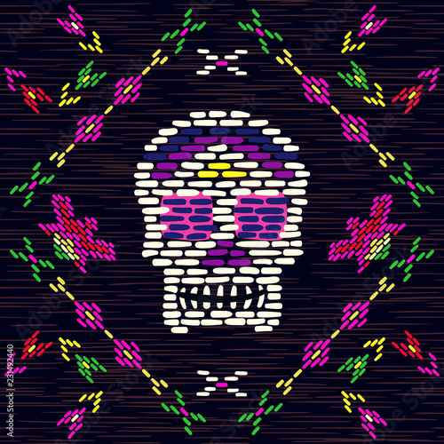 Catrina`s skull and flowers. Ethnic mexican bright fabric background with colorful element. Day of the Dead holiday illustration. Vector embroidery texture.
