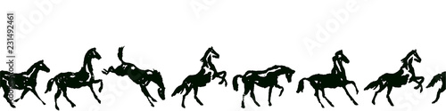 Equestrian seamless border with horse silhouette in various poses and motion. Vector pattern background or frame with hand drawing galloping black horses on white.