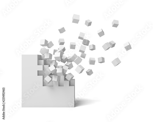 3d rendering of a white square on a white background starting to get destroyed piece by piece.