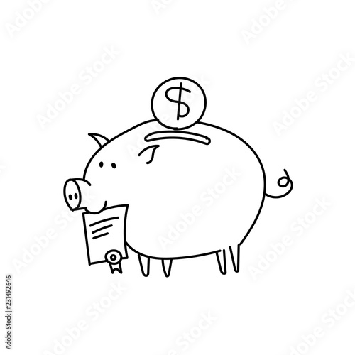 Piggy bank scetch. Bribe Pig with a document in the mouth