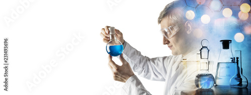 Silhouette of a chemist conducting experiments on the background of Scientific Glassware. Concept on education, chemistry and science topics. Chemical background.