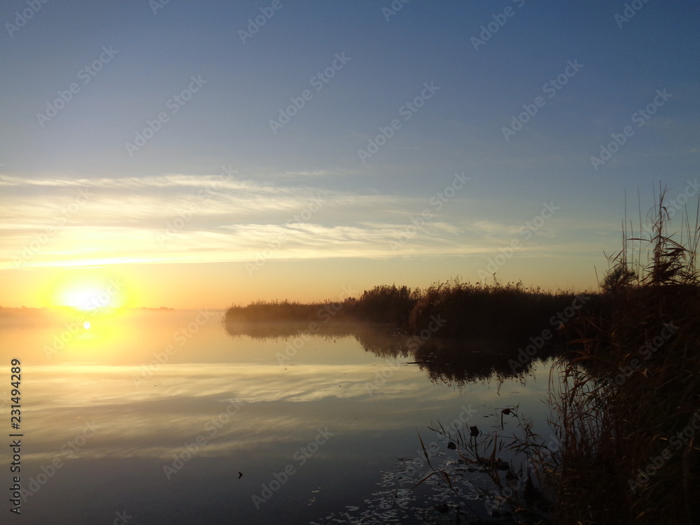 Obraz premium Утро на реке осень туман солнце утка донки рыба