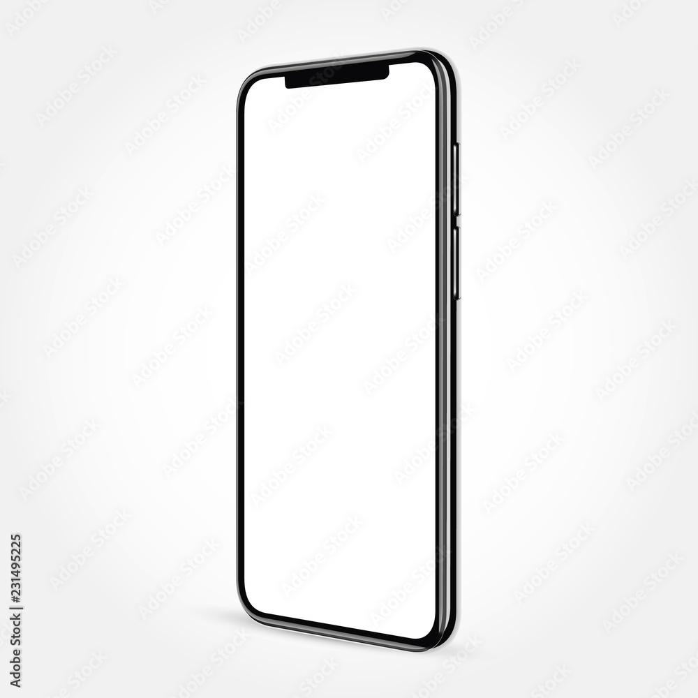 black frameless smartphone turned sideways with a blank screen on a gray background in high detail - obrazy, fototapety, plakaty 