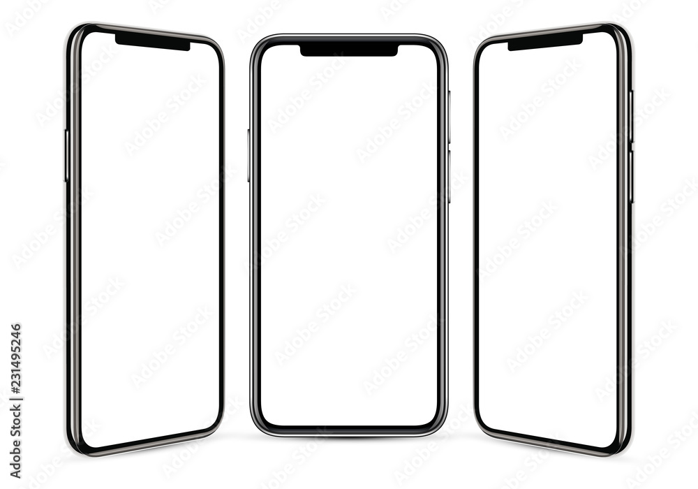 Black frameless smartphone with a blank screen on a gray background, from three angles, in high detail - obrazy, fototapety, plakaty 