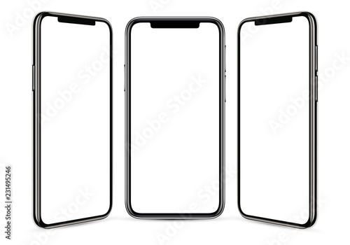 Black frameless smartphone with a blank screen on a gray background, from three angles, in high detail photo
