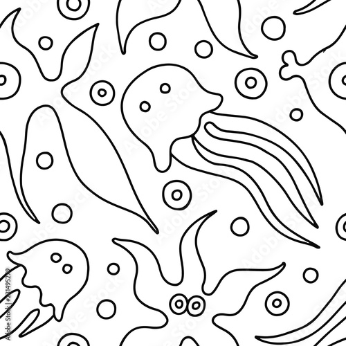 Seamless vector black and white background with hand drawn decorative childlike fish  jellyfish  octopus  starfish. Graphic illustration. Print for wrapping  wallpaper  background  surface  packaging