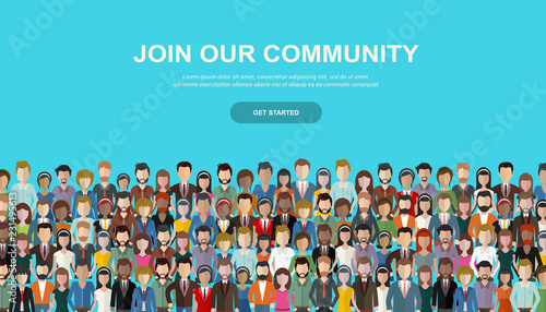 Join our community. Crowd of united people as a business or creative community standing together. Flat concept vector website template and landing page design for invitation to summit or conference