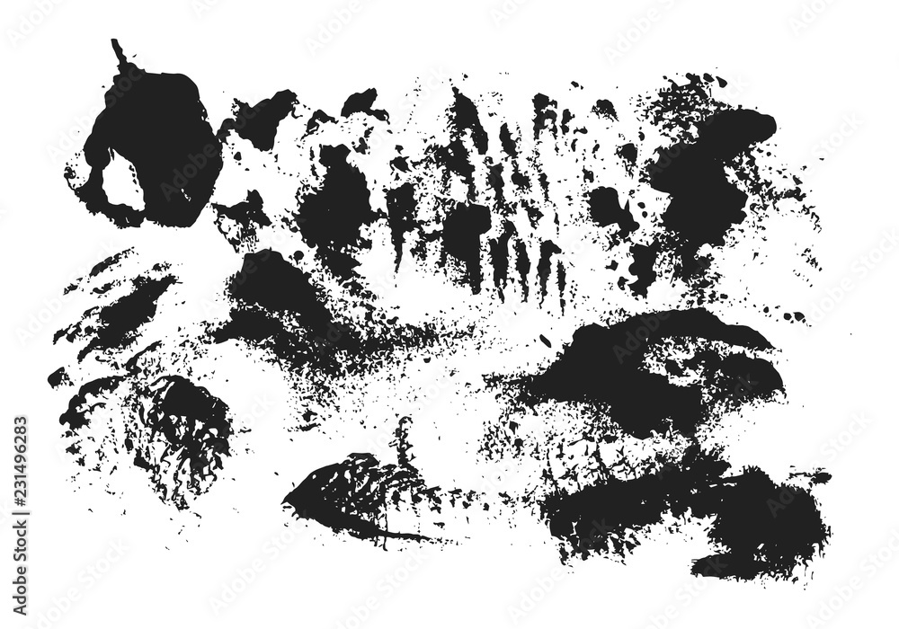 Set of doodle ink rough spots, blots, dots. Grunge edge texture. Vector isolated distressed background.