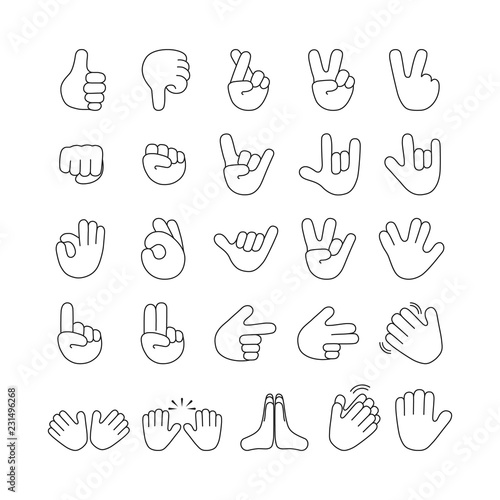Big set of hand emoji. Emoticon icons and symbols. Victory, like, rock and other different gestures and signs.