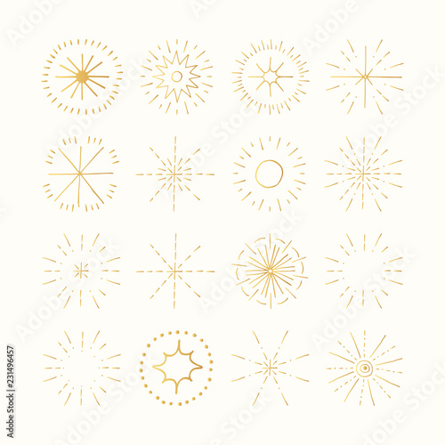 Vector golden star shapes, magic suns and snowflakes. Christmas glitter sparkling design elements. 