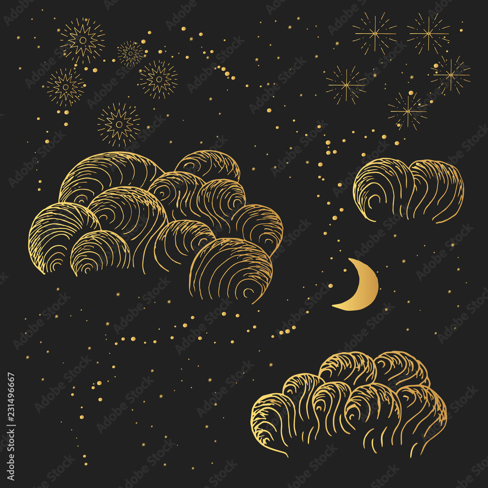 Hand drawn golden clouds, moon, stars. Vector starry night pattern. Ink texture sky with moonlight background. Hand drawn golden clouds, moon, stars. Vector starry night pattern. Ink texture sky with moonlight background.