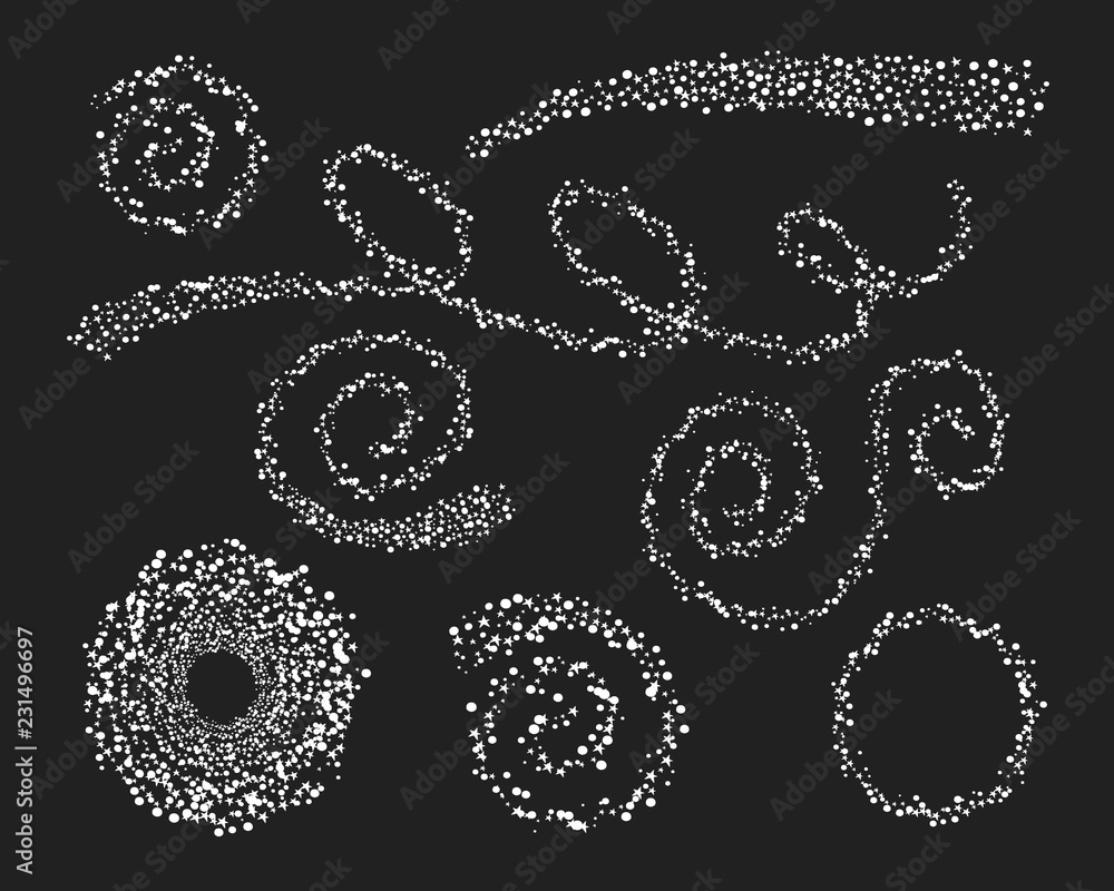Black hole with star dust. Glowing light sparkles and comet helix tail in the space sky. Spiral galaxy. Vector isolated illustration. Black hole with star dust. Glowing light sparkles and comet helix tail in the space sky. Spiral galaxy. Vector isolated illustration.