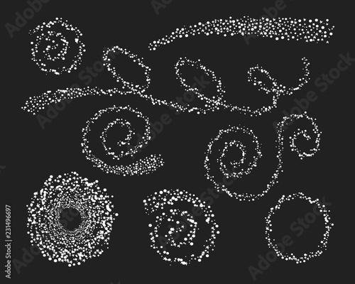 Black hole with star dust. Glowing light sparkles and comet helix tail in the space sky. Spiral galaxy. Vector isolated illustration.