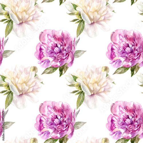 Peony flowers watercolor seamless pattern. Romantic flower pattern. © cosmicanna