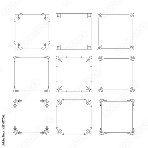 Vintage square hand drawn wedding frames set, vector isolated flourish design elements. 