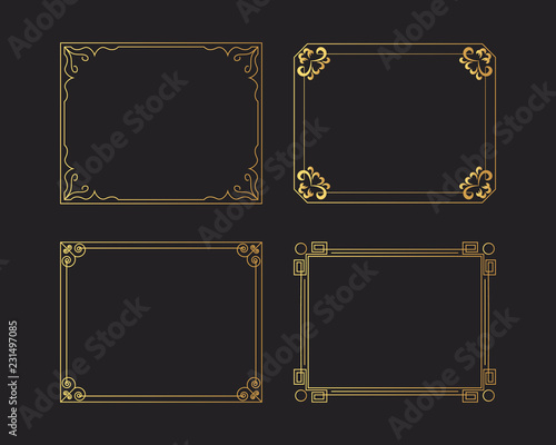 Vintage golden rectangular hand drawn wedding frames set, vector isolated glitter flourish design elements.