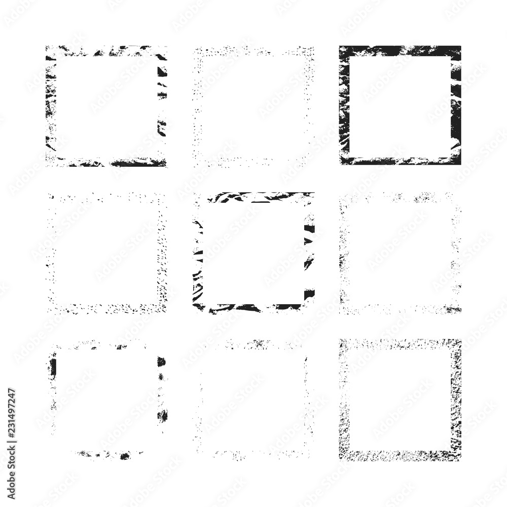 Set of rough grunge frames. Square ink torn box. Japanese brush. Vector isolated illustration. Set of rough grunge frames. Square ink torn box. Japanese brush. Vector isolated illustration.
