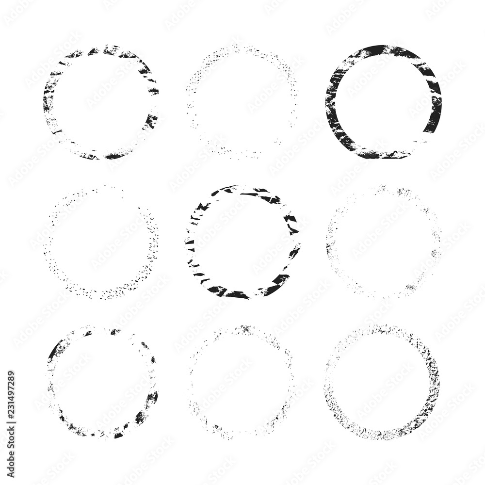 Rough grunge Japanese round frames set. Ink torn circle. Vector isolated illustration.