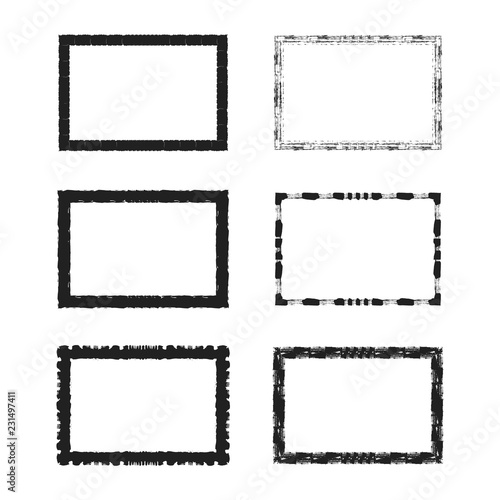 Rough grunge Japanese rectangular frames set. Ink torn box. Vector isolated illustration.