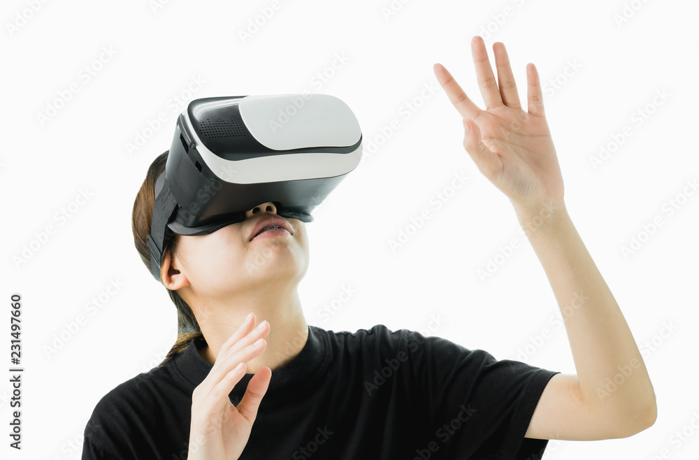 woman wore a virtual reality headset that simulates, the reality and looked up to see what the virtual reality was capable of rendering. woman wore a virtual reality headset that simulates, the reality and looked up to see what the virtual reality was capable of rendering.