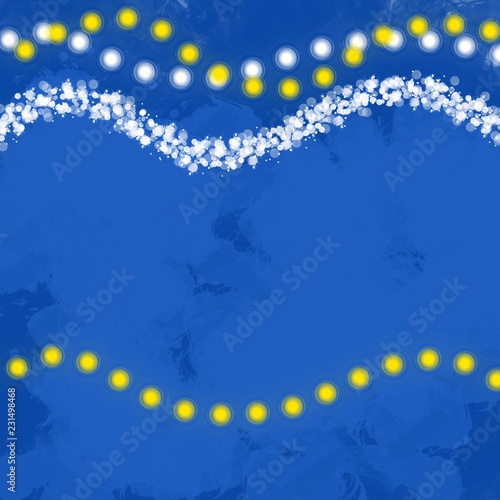 Festive deep blue background with shiny white, yellow garlands. Fluffy lines, snow effect, Christmas night. Design for New year party, decoration, wrapping paper, decoupage, scrapbooking, gifts