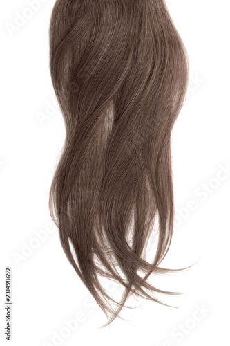 Brown hair, isolated on white background. Long and disheveled ponytail