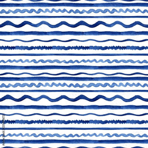Blue watercolor hand-drawn lines and waves - seamless pattern