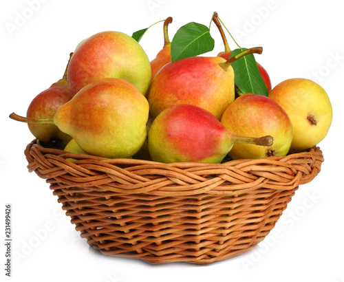 Pears in basket isolated on white