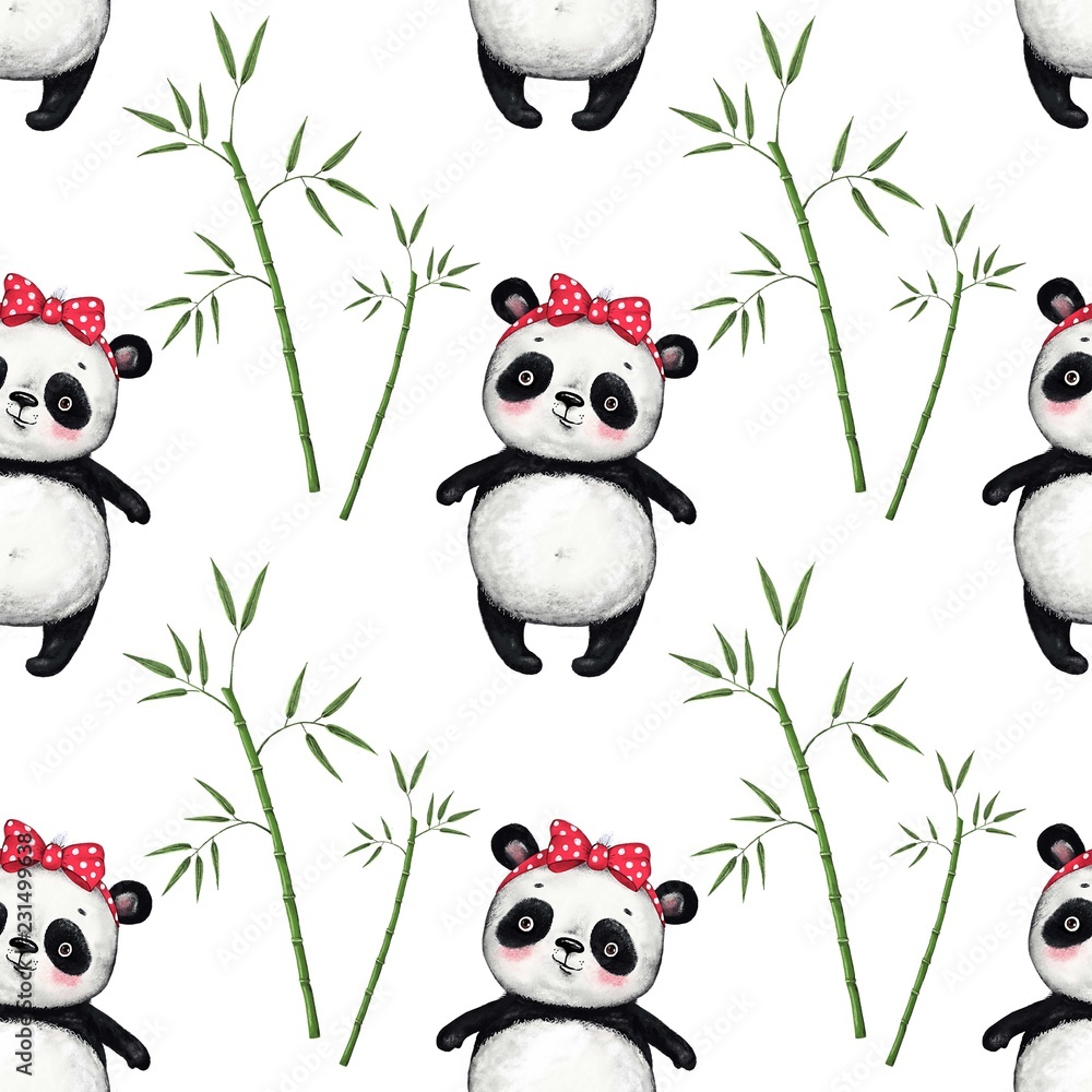 Obraz premium słodki miś panda z bambusowymi liśćmi na białym tle wzór, wzór