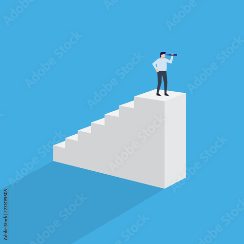 Man with monocular on top of stairs