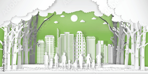 Paper art and cut of landscape of peoples exercise and relax in the morning city on summer, fresh air in the green park as nature, healthy and craft style concept. vector illustration