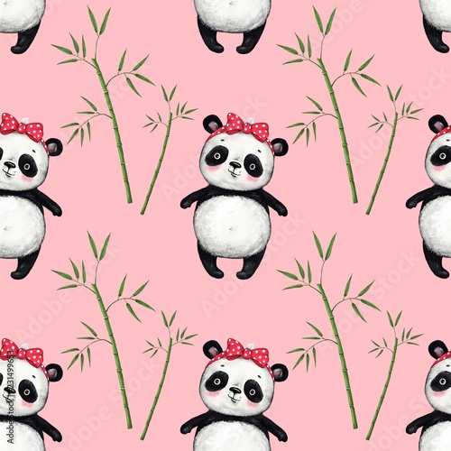Fototapeta Naklejka Na Ścianę i Meble -  cute panda bear with bamboo leaves on pink background pattern, seamless pattern