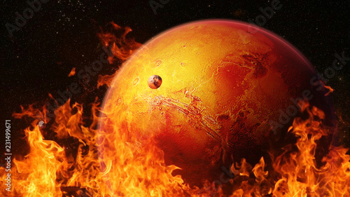 Fototapeta Naklejka Na Ścianę i Meble -  hot planet Mars with moons Phobos and Deimos, red planet surrounded by flames 