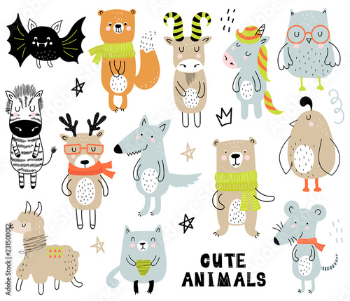 Vector poster with cartoon animals for kids. Hand drawn graphic zoo