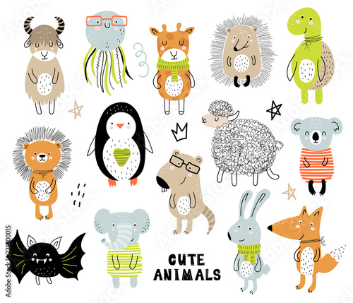 Vector poster with cartoon animals for kids. Hand drawn graphic zoo