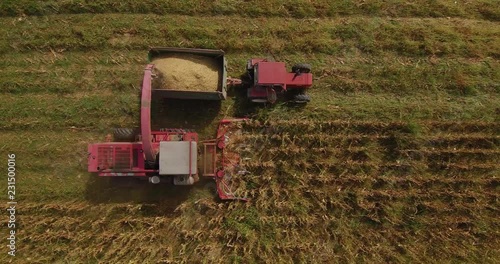 Aerial footage of corn harvest with combine and tractor on a fieldon a field photo