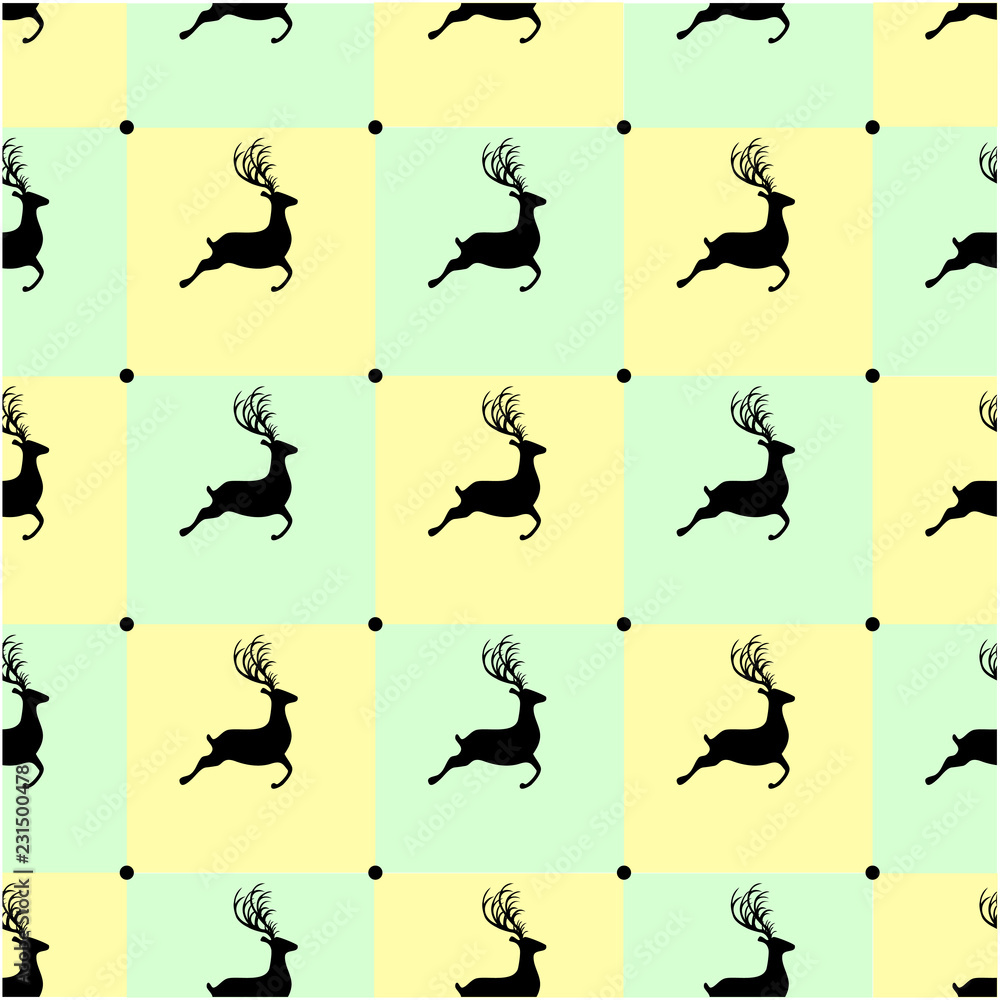 Seamless vintage pattern vector of silhouette reindeer on colorful square grid background.
